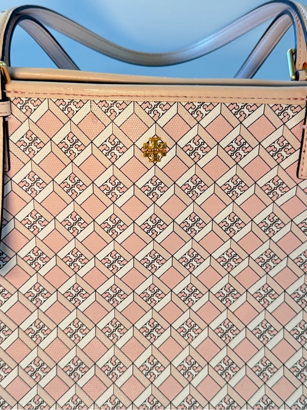 Tory Burch Pink Patterned Shoulder Tote with Gold Logo
